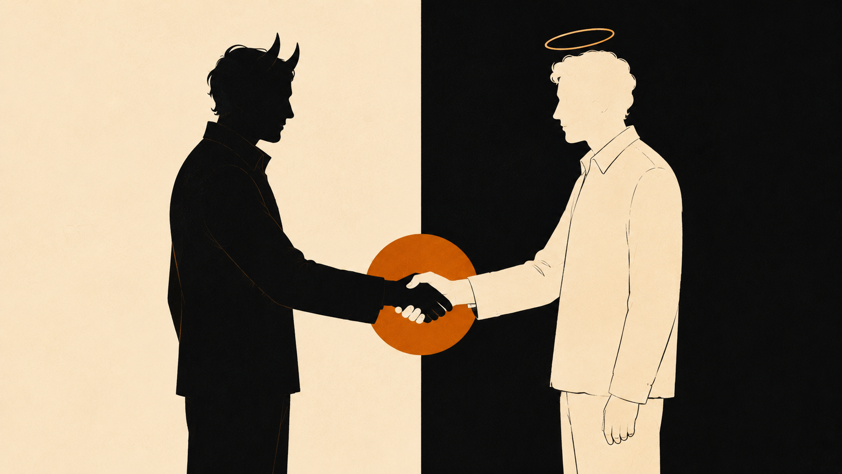 A demon and an angel shaking hands over an amber circle