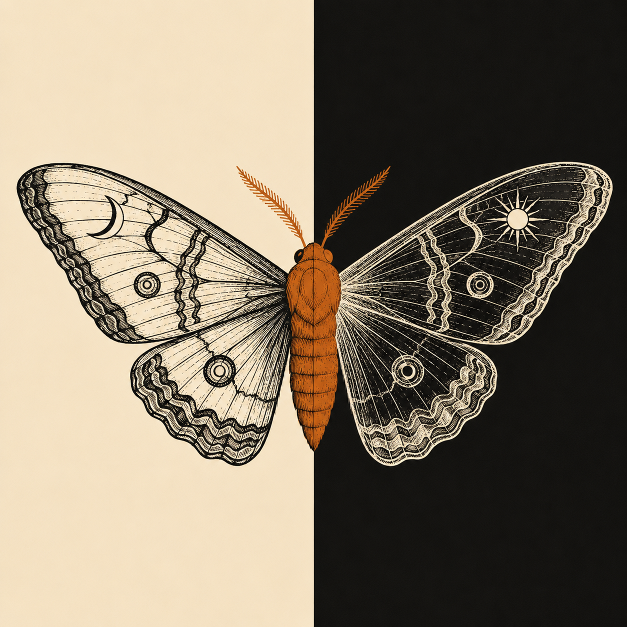 A moth split between light and dark worlds, amber body