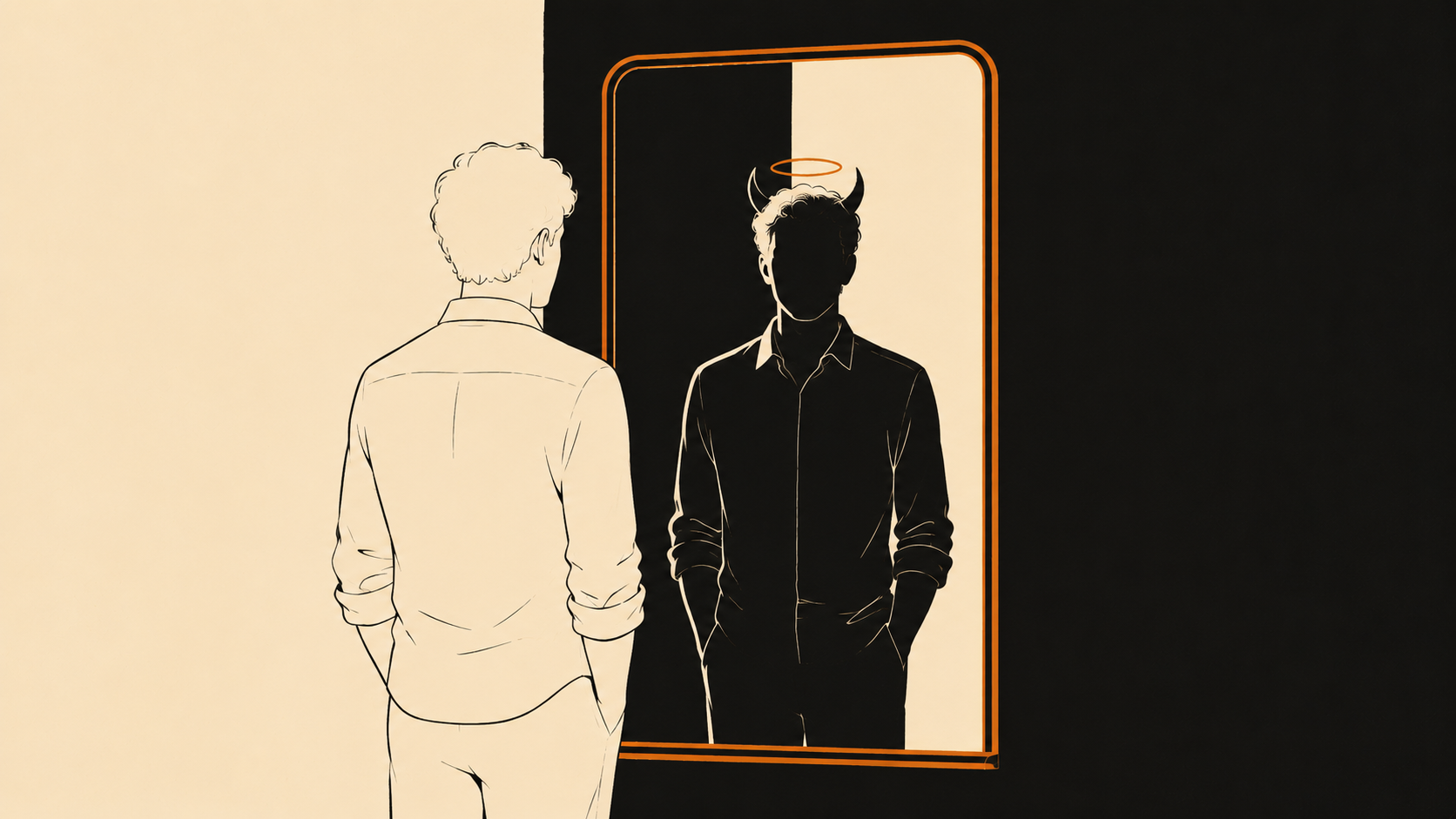 A man facing a mirror; his reflection is inverted, wearing both horns and a halo