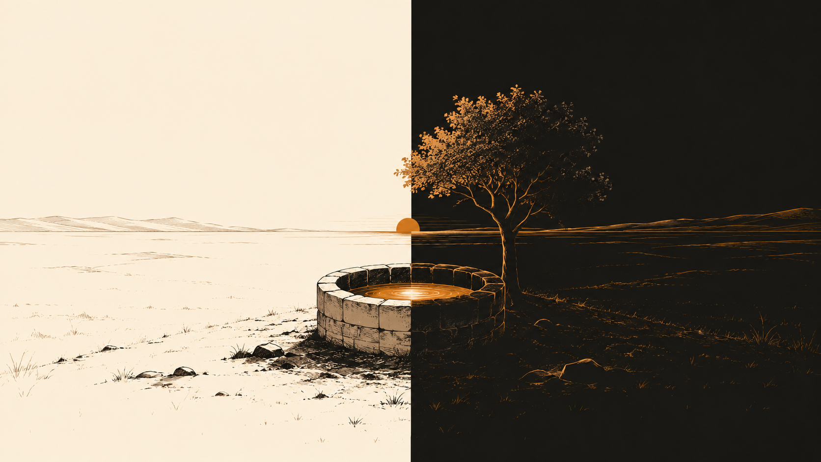 A stone well with glowing amber water and a lone tree, on land split between light and dark
